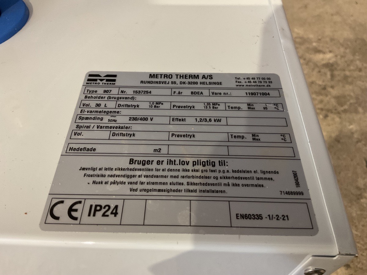 Metro Therm El-vandvarmer 30 liter, model 907 - Billede 5
